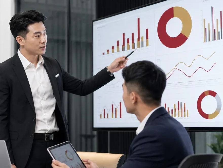 Two people looking at an ad report on a screen