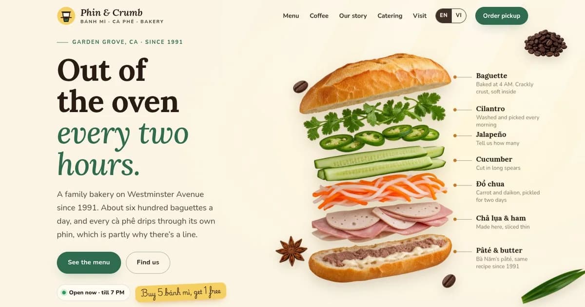 Preview of the Phin & Crumb — Bánh Mì · Cà Phê restaurant website concept