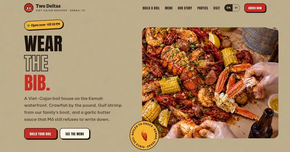 Preview of the Two Deltas — Viet-Cajun Seafood restaurant website concept