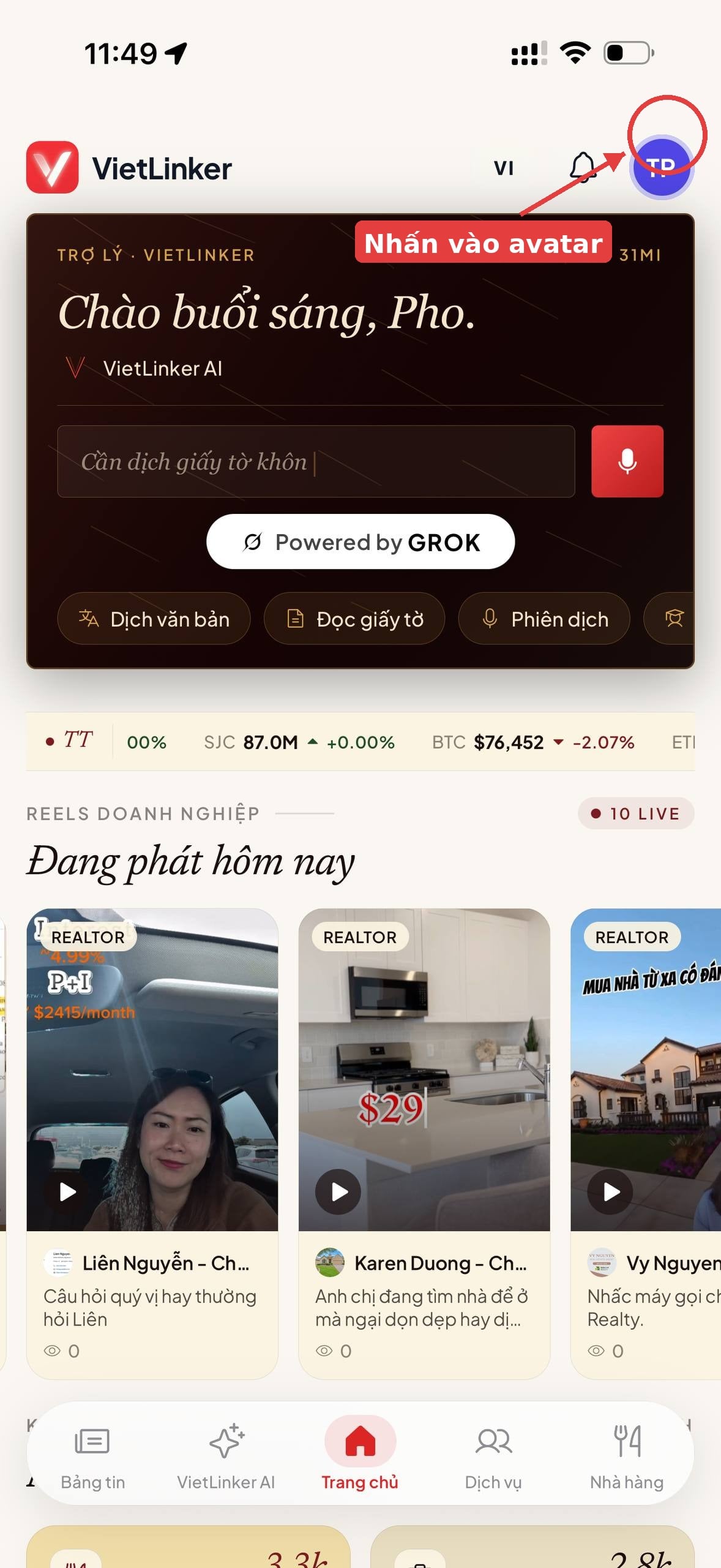 Bước 1: Mở app VietLinker và đăng nhập