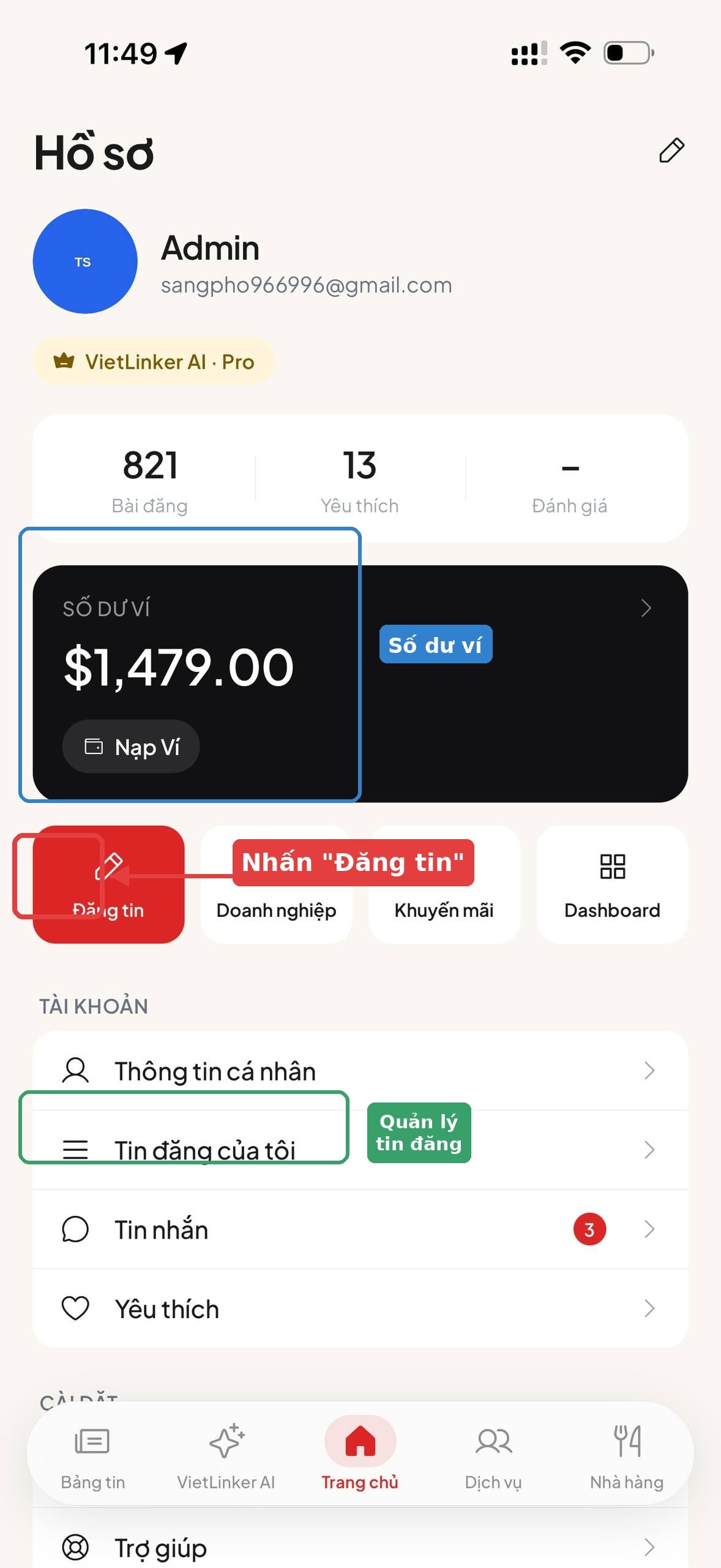 Bước 2: Vào trang Hồ sơ