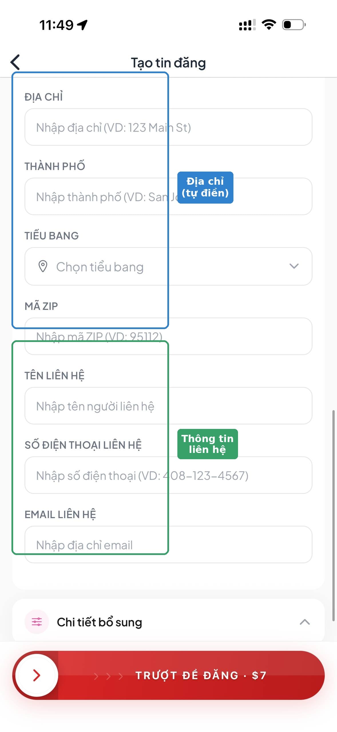 Bước 7: Nhập vị trí và thông tin liên hệ