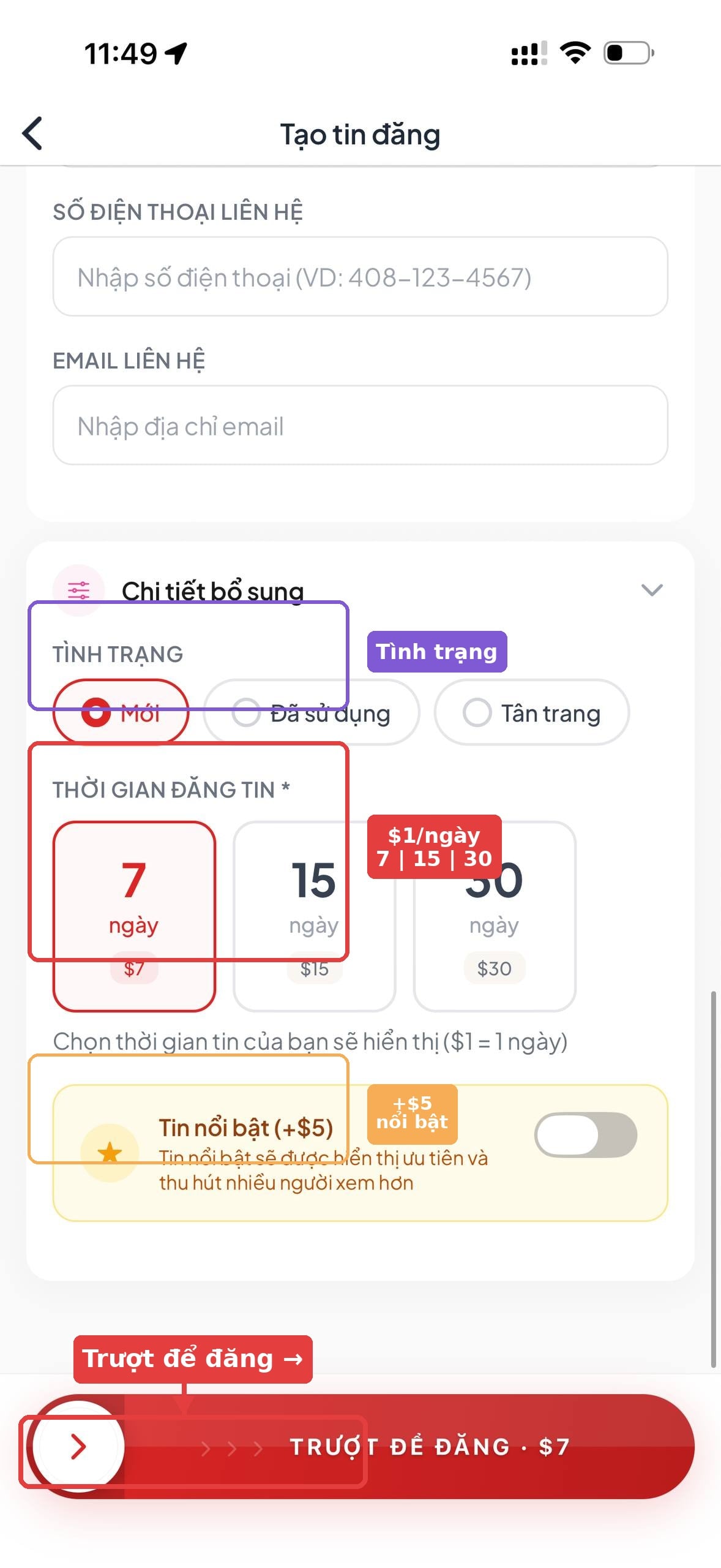 Bước 8: Chọn chi tiết bổ sung