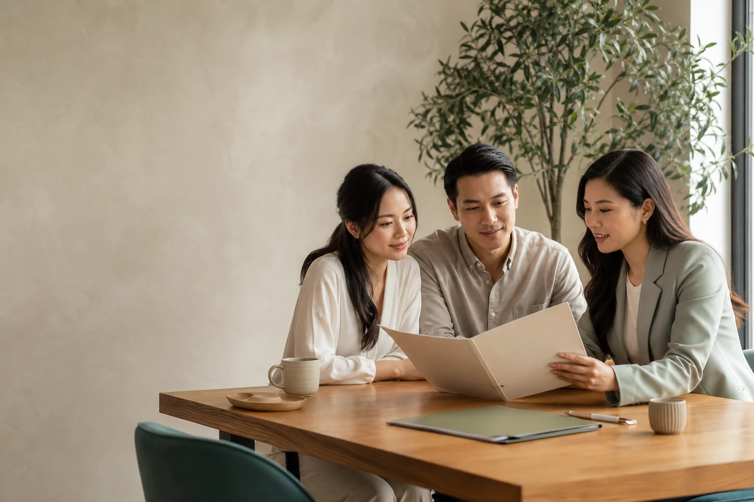 Cặp đôi người Việt xem một folder cùng chuyên viên