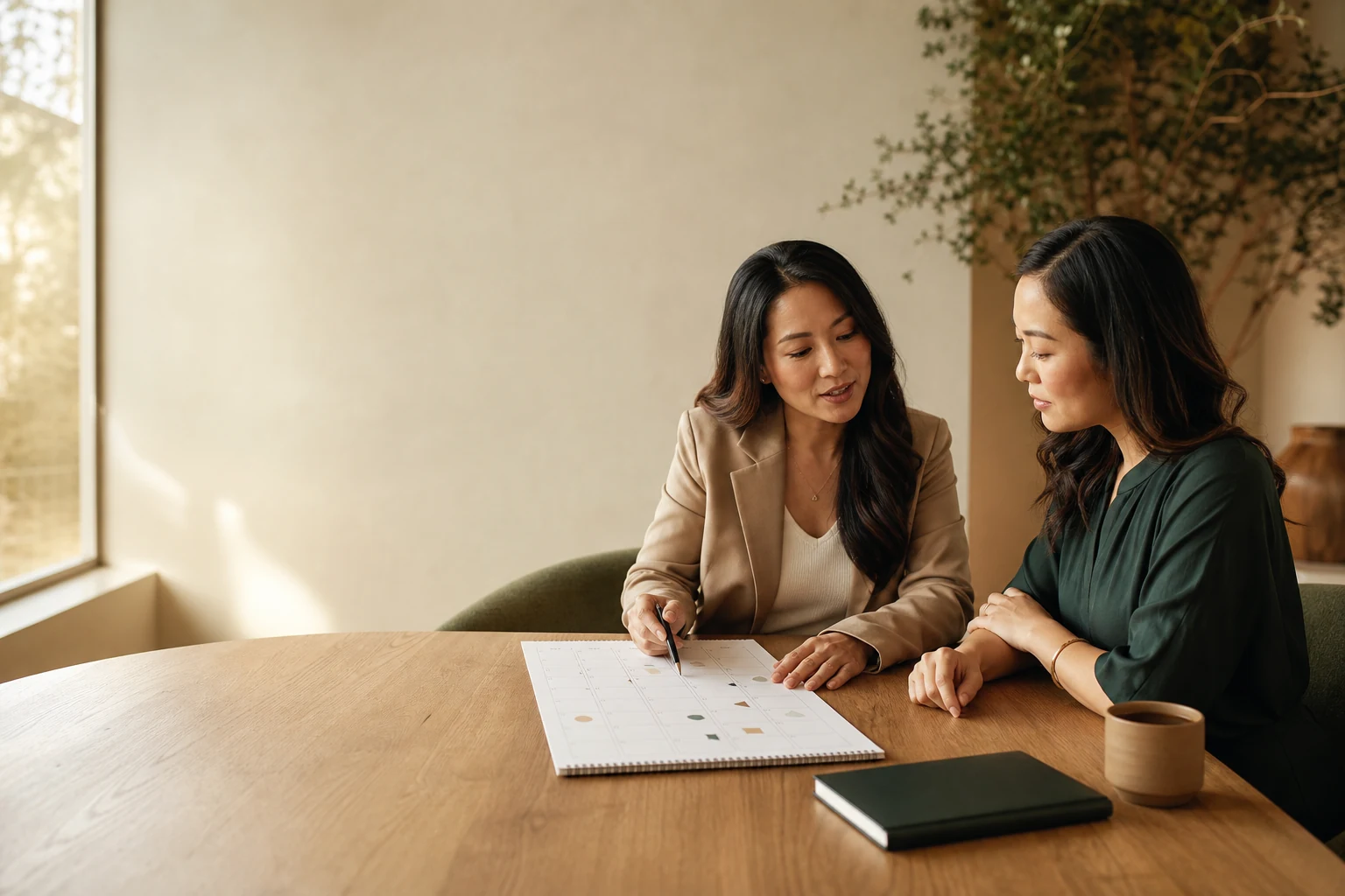 Hai phụ nữ người Việt trao đổi bên lịch kế hoạch