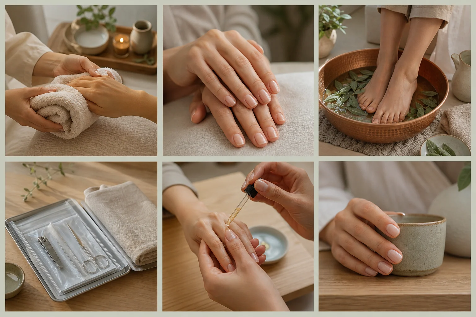 Editorial sample of neutral, copper, and botanical nail designs