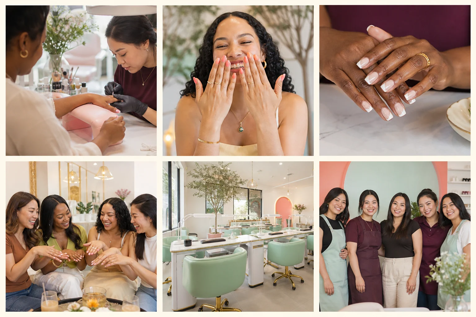 Glossy almond-shaped nails in a soft neutral style