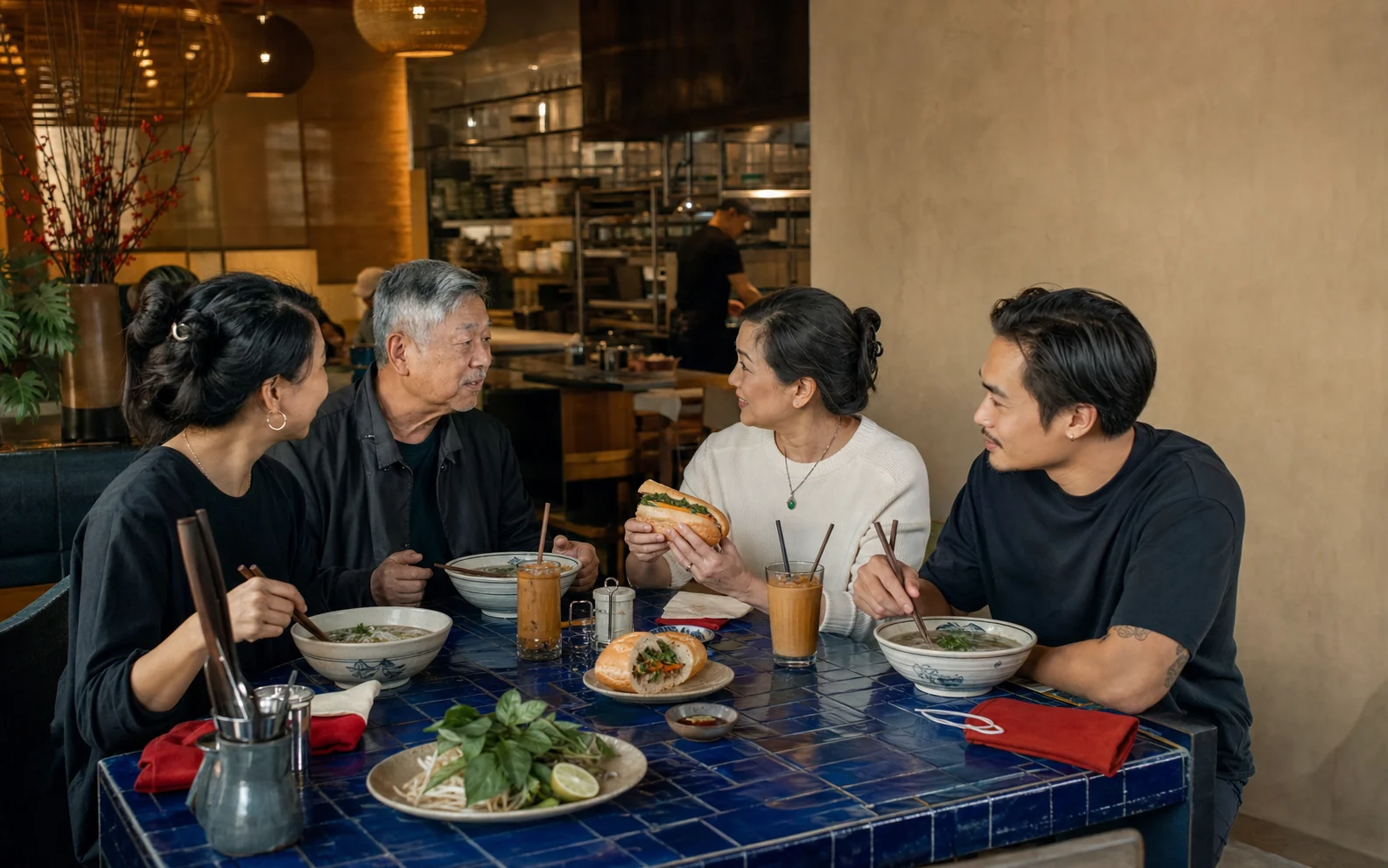 Bạn bè dùng bữa cùng nhau tại một quán ăn Việt hiện đại