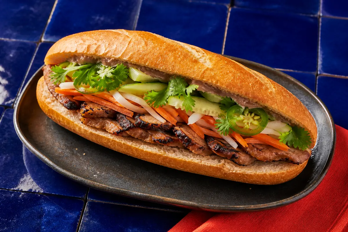 Bánh mì heo nướng sả với đồ chua và rau thơm