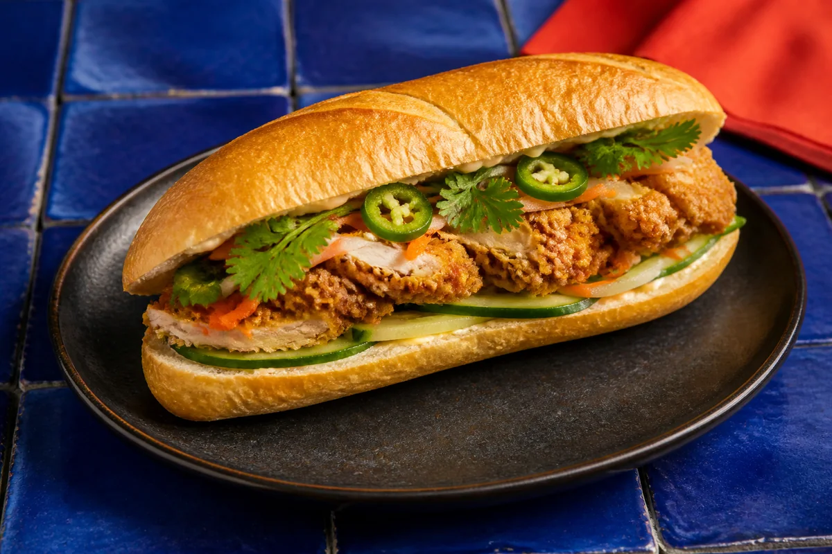 Bánh mì gà giòn với đồ chua và rau thơm