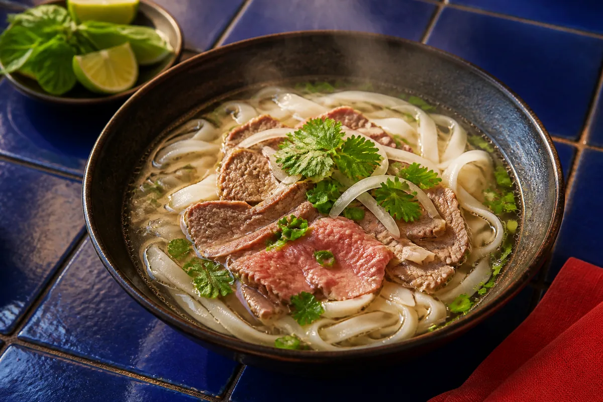 Phở bò với nước dùng trong, thịt bò và rau thơm