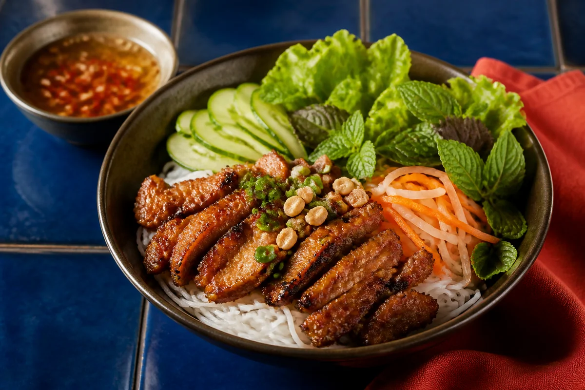 Bún thịt nướng với rau thơm, đồ chua và nước mắm
