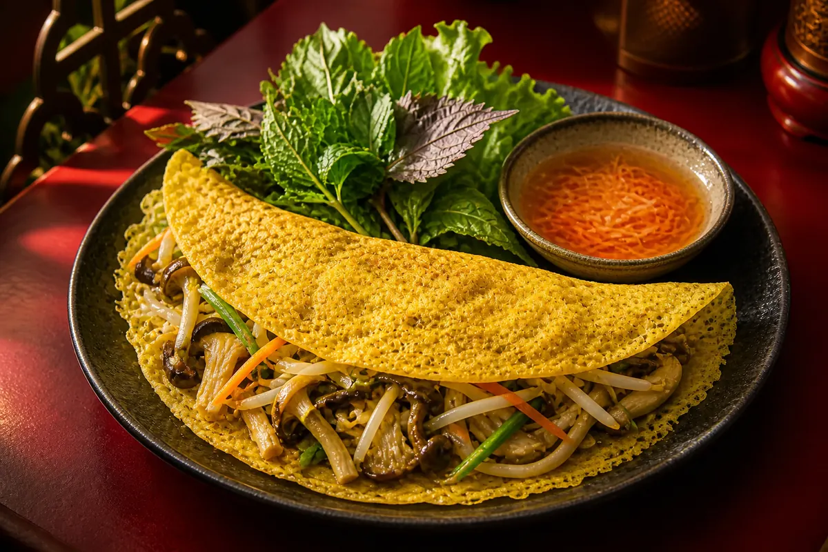 Bánh xèo rau củ chay với nấm, giá và rau thơm
