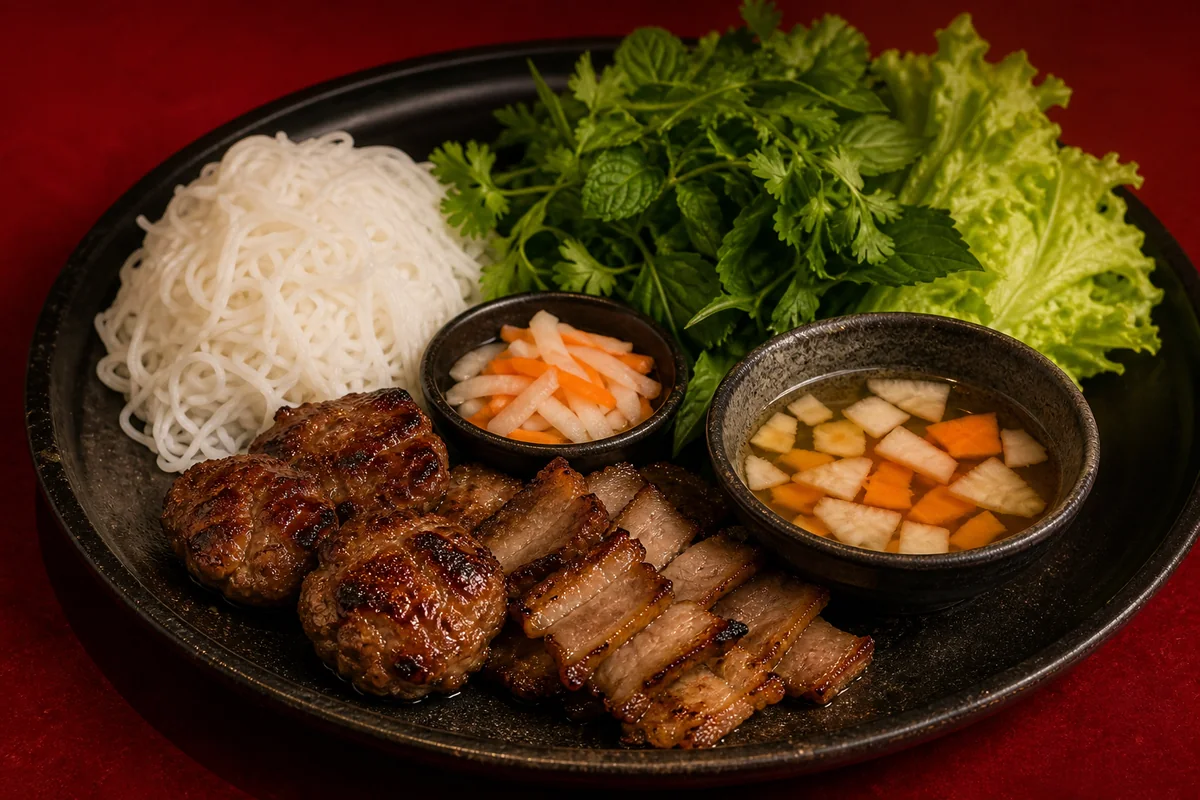 Bún chả Hà Nội với thịt heo nướng, bún và rau thơm