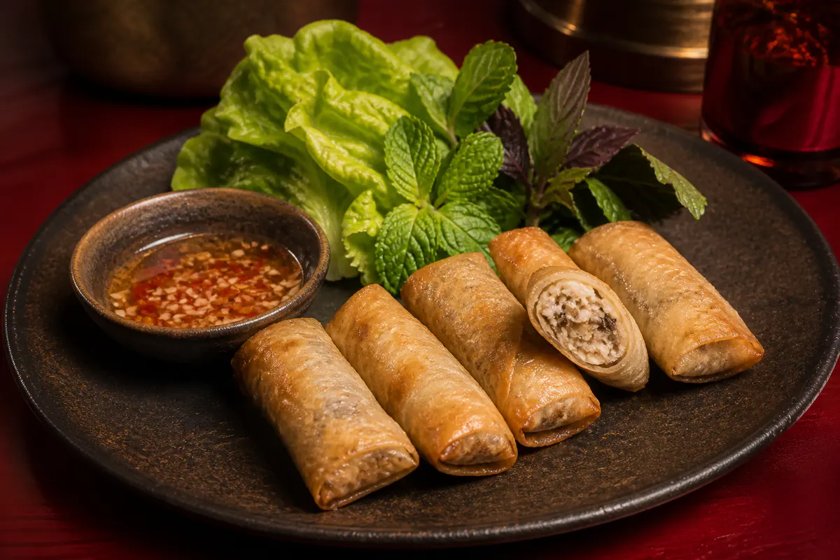 Chả giò cua giòn dùng với xà lách và nước mắm