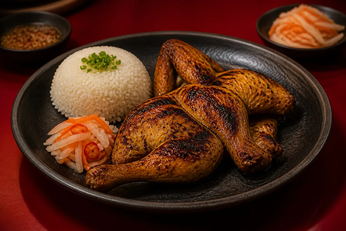 Gà nướng sả với cơm dừa và dưa góp