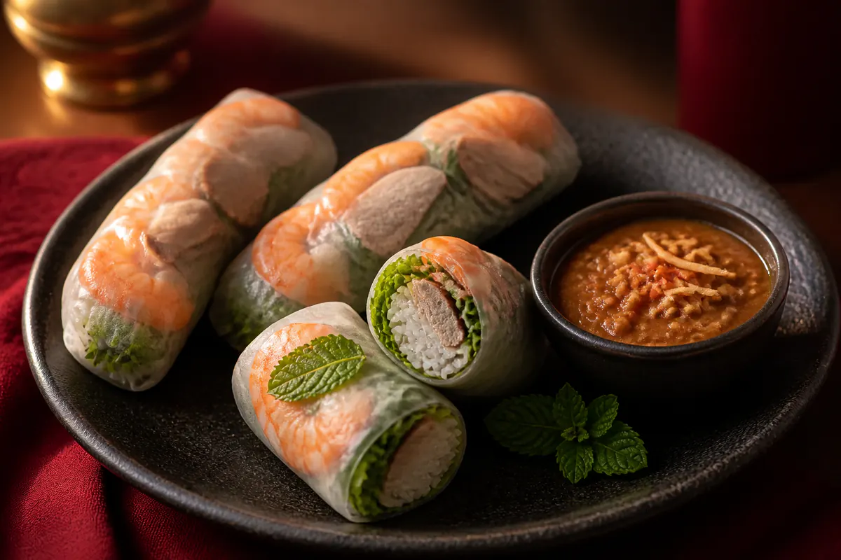 Gỏi cuốn tôm thịt với rau thơm và tương đậu phộng