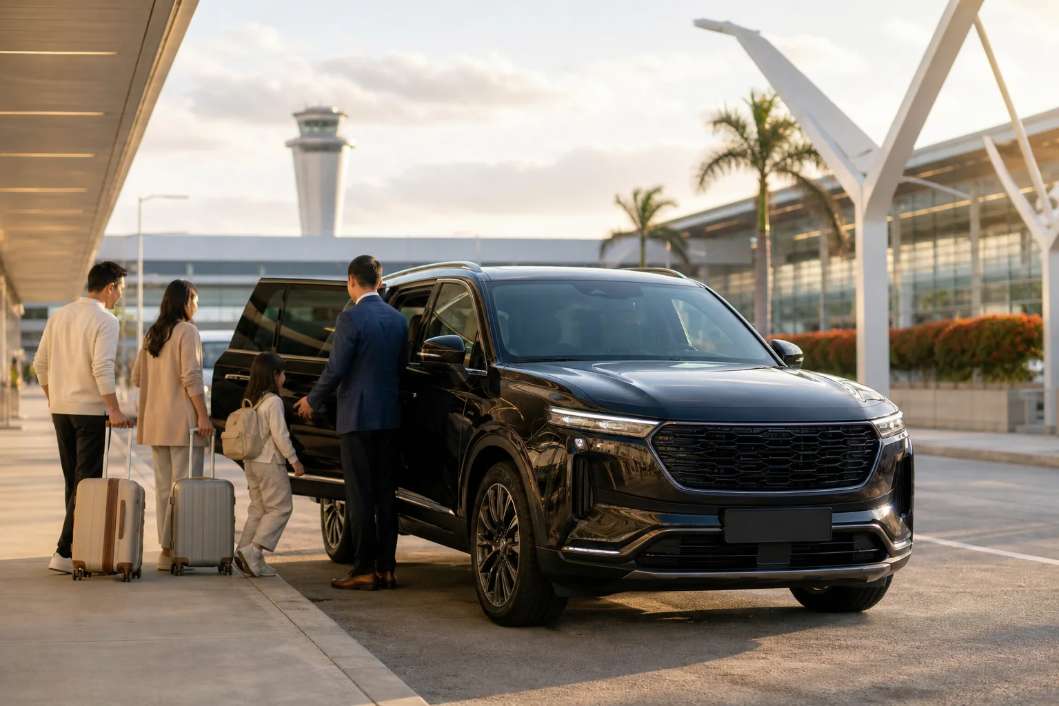 Xe SUV màu đen tại sân bay, tài xế đang đón một gia đình cùng hành lý