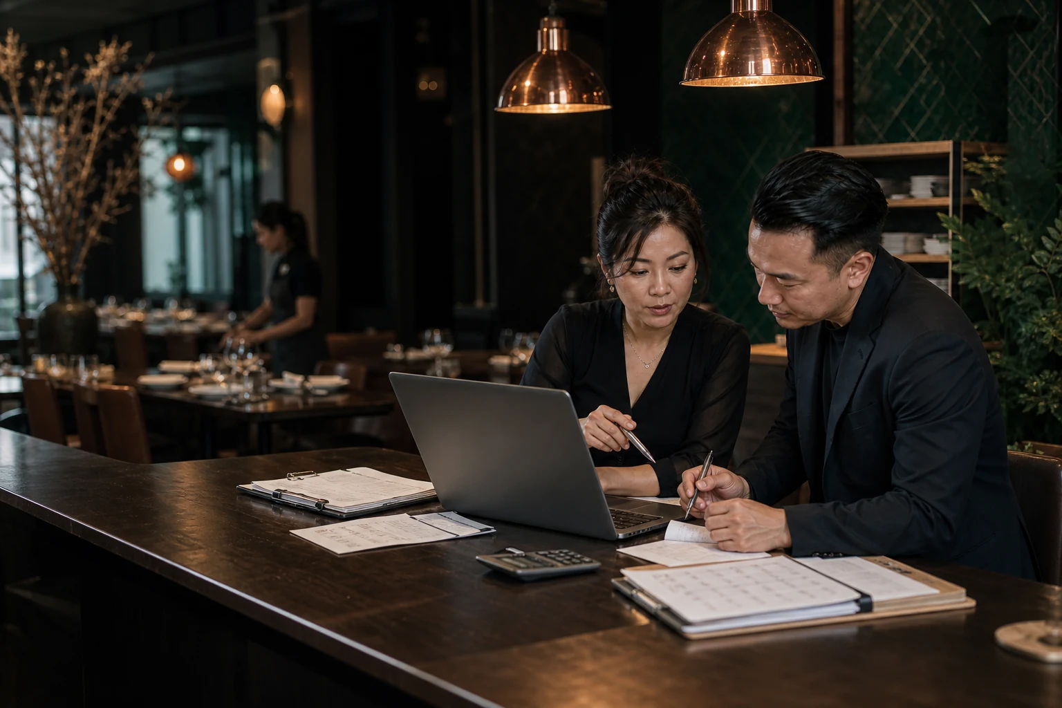 Chủ nhà hàng Việt và cố vấn xem lịch payroll tại Houston