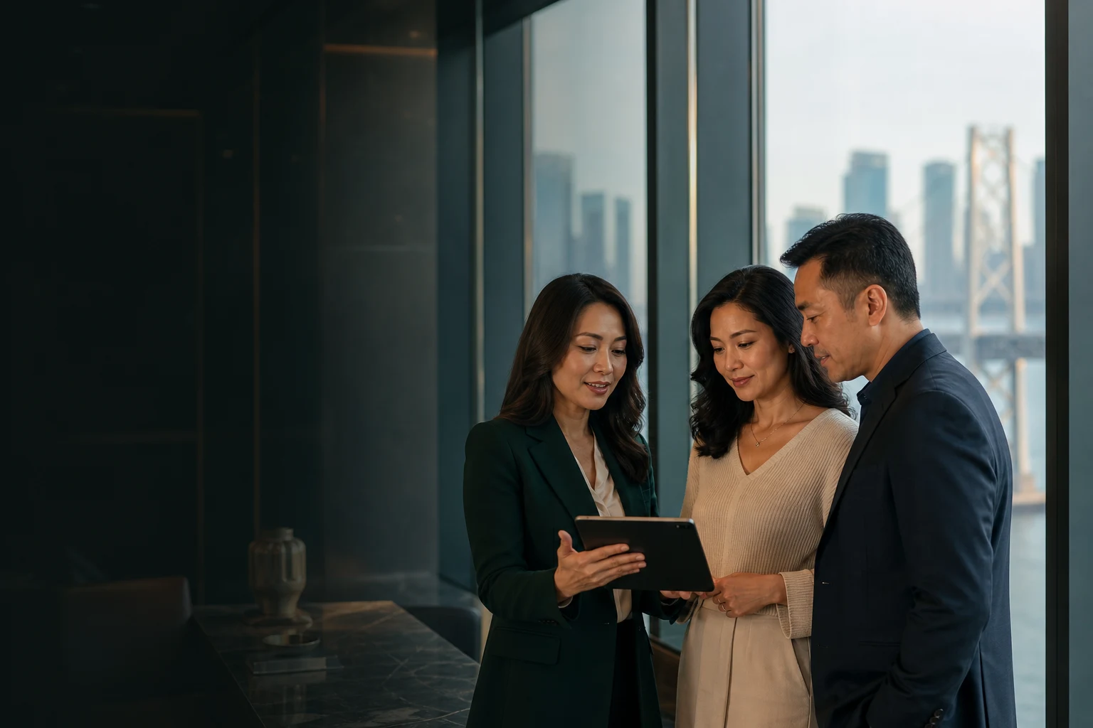 Cố vấn người Việt trao đổi riêng với một gia đình trong văn phòng nhìn ra vịnh