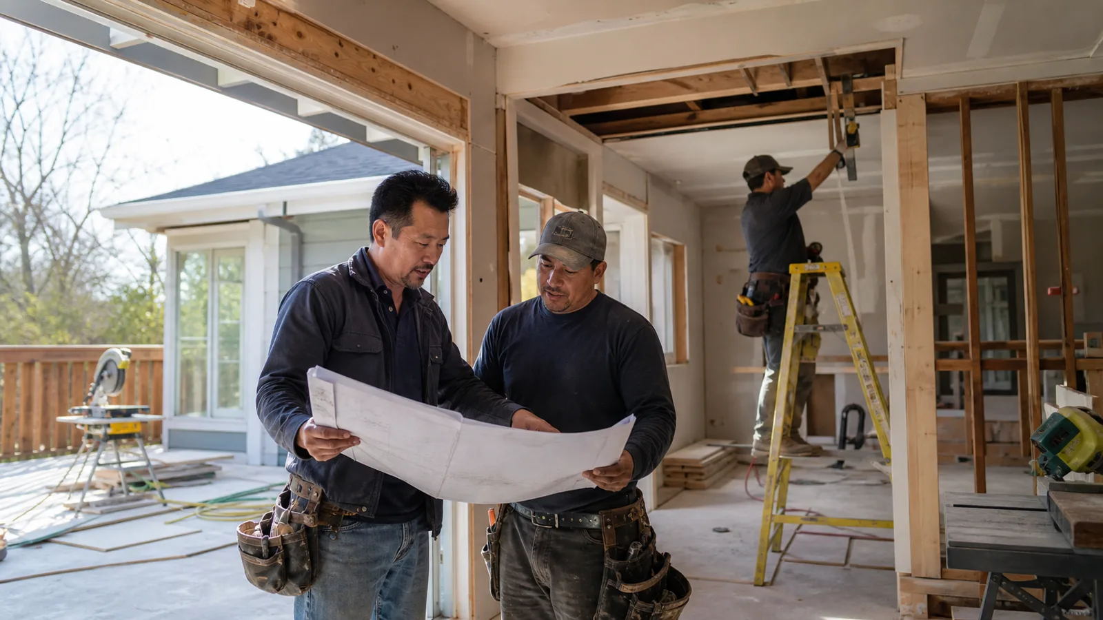 Contractor người Việt xem bản vẽ tại công trình